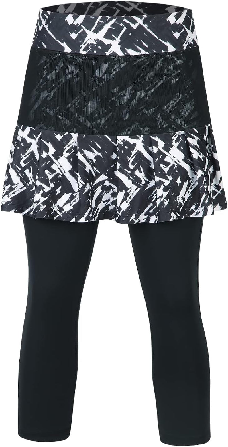 Women Tennis Skirted Leggings with Pockets, Capris Yoga Leggings with Skirts&Tennis Clothing(Chaotic L)