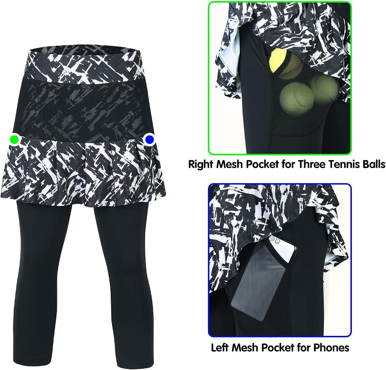 Women Tennis Skirted Leggings with Pockets, Capris Yoga Leggings with Skirts&Tennis Clothing(Chaotic L)