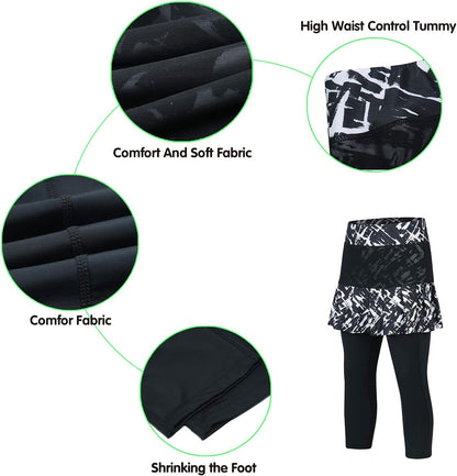 Women Tennis Skirted Leggings with Pockets, Capris Yoga Leggings with Skirts&Tennis Clothing(Chaotic L)