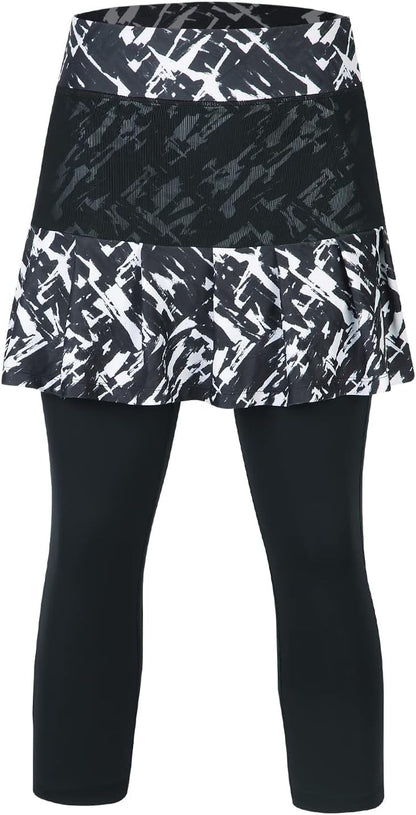 Women Tennis Skirted Leggings with Pockets, Capris Yoga Leggings with Skirts&Tennis Clothing(Chaotic L)