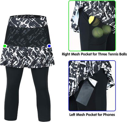 Women Tennis Skirted Leggings with Pockets, Capris Yoga Leggings with Skirts&Tennis Clothing(Chaotic L)
