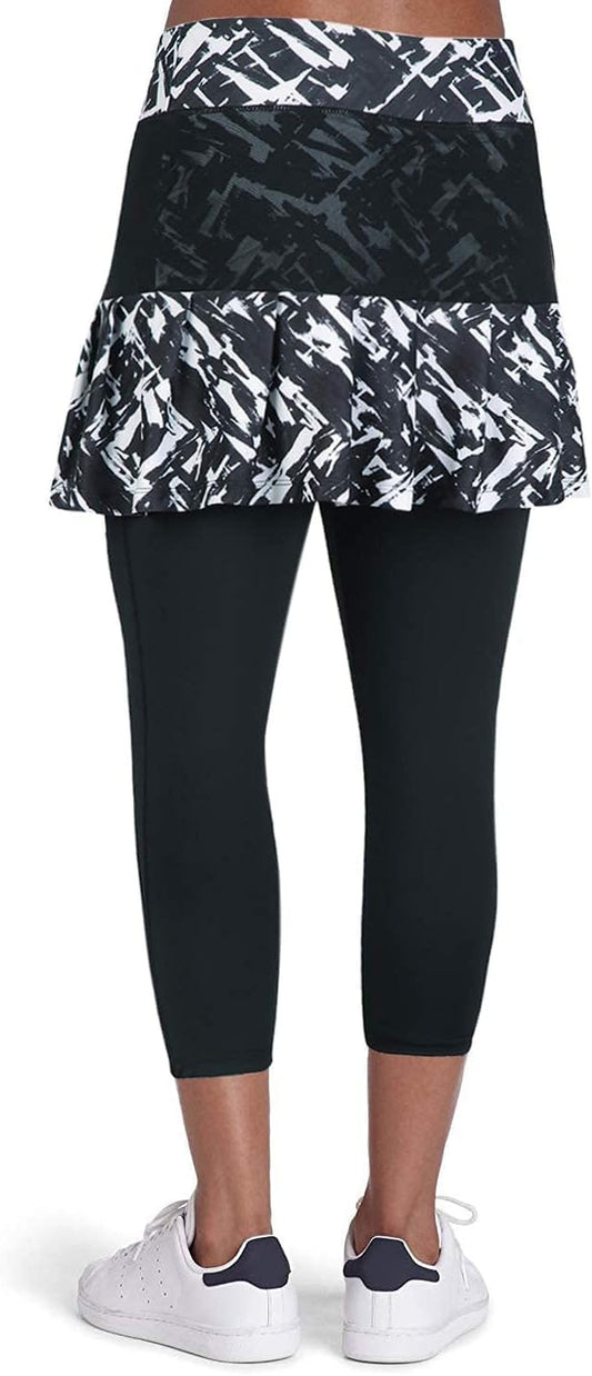 Women Tennis Skirted Leggings with Pockets, Capris Yoga Leggings with Skirts&Tennis Clothing(Chaotic L)